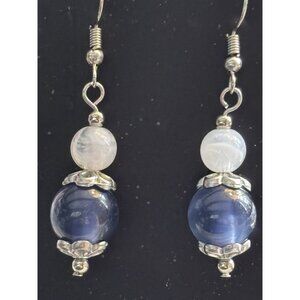Blue Stone Bead Dangle Earrings Silver Tone Hook Earring Set